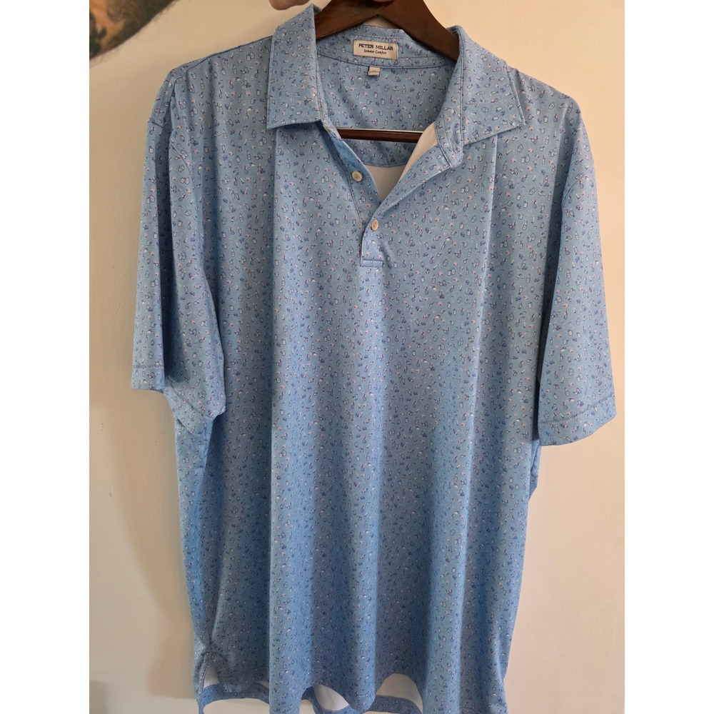 Peter Millar Summer Comfort Polo Shirt Mens XL Blue Tropical Cocktail Print Golf